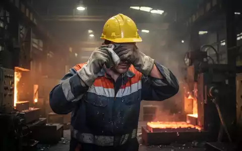 Erschöpfter Fabrikarbeiter wischt sich in einer heißen Industrieumgebung den Schweiß von der Stirn, Symbol für Hitzestress am Arbeitsplatz. - Foto: über boerse-global.de