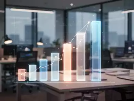 Glühende, abstrakte Balkendiagramm-Grafik über unscharfem Bürotisch mit Laptop, symbolisiert Datenvisualisierung und Webinare. - Foto: über boerse-global.de