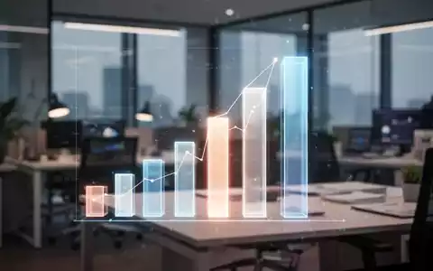 Glühende, abstrakte Balkendiagramm-Grafik über unscharfem Bürotisch mit Laptop, symbolisiert Datenvisualisierung und Webinare. - Foto: über boerse-global.de