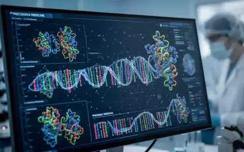 Nahaufnahme eines digitalen Bildschirms mit komplexen biologischen Datenvisualisierungen, im Hintergrund verschwommene medizinische Geräte. - Foto: über boerse-global.de