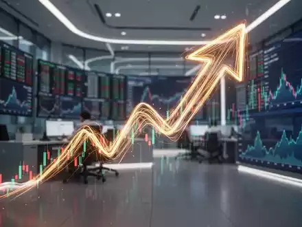 Ein stilisierter, dynamischer, nach oben zeigender Pfeil aus Lichtspuren vor einem verschwommenen Hintergrund einer modernen Börse. - Foto: über boerse-global.de