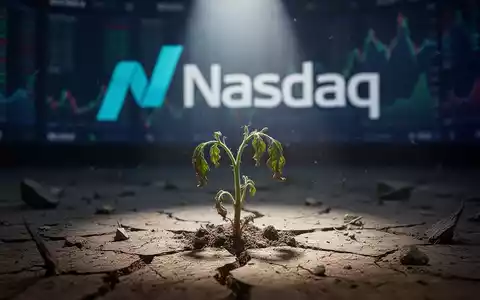 Eine einzelne, welkende Pflanze auf rissiger Erde, im Hintergrund angedeutet das Nasdaq-Logo, symbolisiert drohenden Rauswurf. - Foto: über boerse-global.de