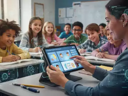 Lehrer mit Tablet und KI-Tools, umgeben von Schülern in einem modernen Klassenzimmer, Symbol für Bildungstechnologie. - Foto: über boerse-global.de