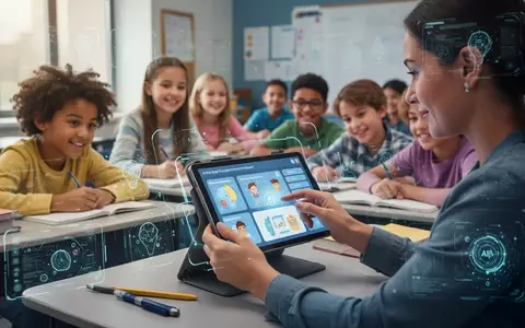 Lehrer mit Tablet und KI-Tools, umgeben von Schülern in einem modernen Klassenzimmer, Symbol für Bildungstechnologie. - Foto: über boerse-global.de