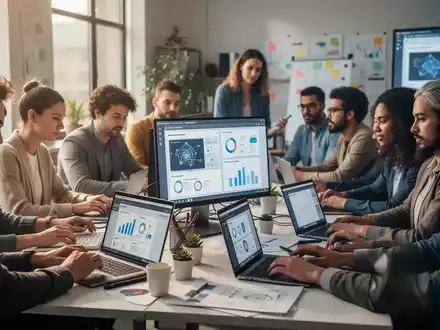 Kleinunternehmer in einem KI-Workshop, die mit Laptops praktische KI-Tools für ihr Geschäft erlernen. - Foto: über boerse-global.de
