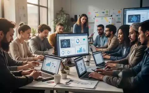 Kleinunternehmer in einem KI-Workshop, die mit Laptops praktische KI-Tools für ihr Geschäft erlernen. - Foto: über boerse-global.de