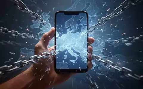 Eine Hand hält ein Smartphone mit zerbrechenden digitalen Ketten, die offenen Zugang symbolisieren. Im Hintergrund leuchtet eine EU-Karte. - Foto: über boerse-global.de