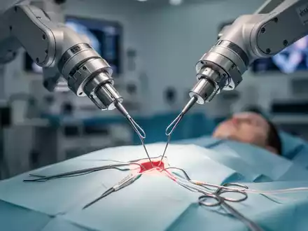 Ein robotischer Arm mit chirurgischen Instrumenten über einem Operationsfeld, der Präzision in der modernen Gynäkologie symbolisiert. - Foto: über boerse-global.de