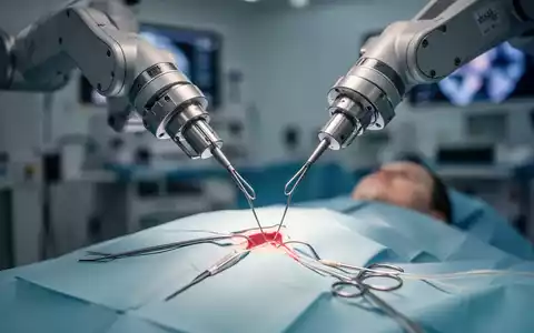 Ein robotischer Arm mit chirurgischen Instrumenten über einem Operationsfeld, der Präzision in der modernen Gynäkologie symbolisiert. - Foto: über boerse-global.de