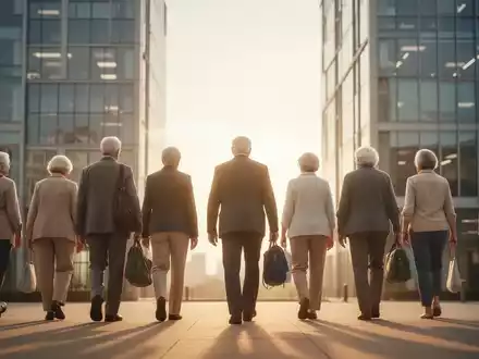 Babyboomer verlassen ein modernes Bürogebäude und gehen einem hellen Horizont entgegen, der den vorzeitigen Ruhestand symbolisiert. - Foto: über boerse-global.de