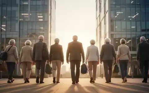 Babyboomer verlassen ein modernes Bürogebäude und gehen einem hellen Horizont entgegen, der den vorzeitigen Ruhestand symbolisiert. - Foto: über boerse-global.de