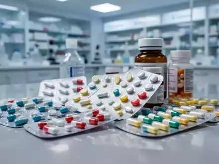 Nahaufnahme von Medikamenten in Blisterpackungen und Flaschen, auf einer reflektierenden Oberfläche mit unscharfem Hintergrund. - Foto: über boerse-global.de