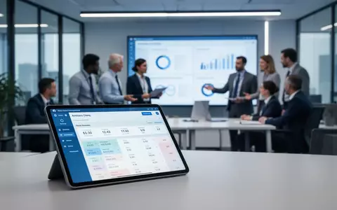 Eine digitale Zeiterfassungsoberfläche auf einem Tablet im Vordergrund, dahinter kommunale Mitarbeiter, die in einem modernen Büro zusammenarbeiten. - Foto: über boerse-global.de