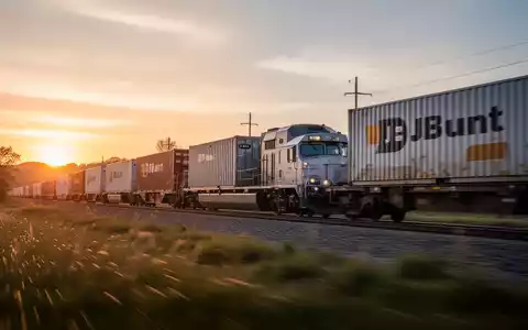 Ein moderner Güterzug mit JB Hunt-Container fährt bei Sonnenuntergang durch eine ländliche Landschaft. - Foto: über boerse-global.de