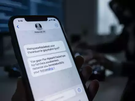 Nahaufnahme eines Smartphone-Bildschirms mit betrügerischer Nachricht, unscharfer Hintergrund eines schwach beleuchteten Büros. - Foto: über boerse-global.de