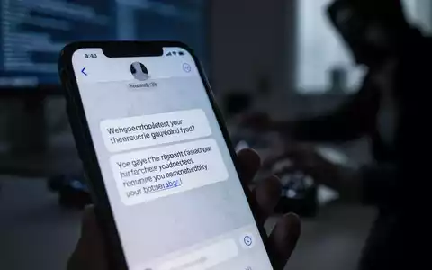 Nahaufnahme eines Smartphone-Bildschirms mit betrügerischer Nachricht, unscharfer Hintergrund eines schwach beleuchteten Büros. - Foto: über boerse-global.de