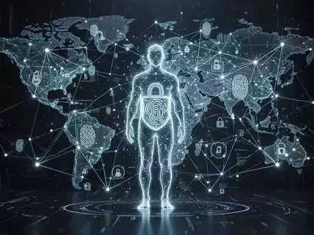 Abstrakte Darstellung digitaler Identitätsprüfung: menschliche Silhouette in einem sicheren, leuchtenden Netzwerk aus Datenpunkten und biometrischen Symbolen. - Foto: über boerse-global.de