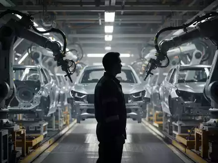 Ein Fabrikarbeiter steht nachdenklich in einer hochmodernen Automobilproduktionsanlage mit Robotern und unfertigen Fahrzeugen. - Foto: über boerse-global.de