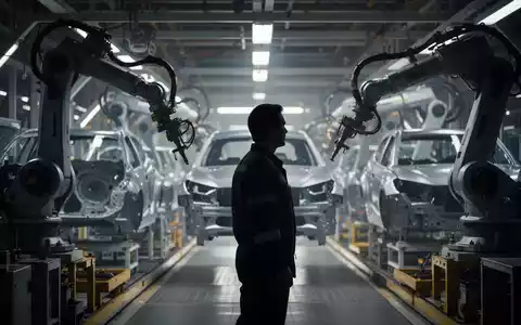 Ein Fabrikarbeiter steht nachdenklich in einer hochmodernen Automobilproduktionsanlage mit Robotern und unfertigen Fahrzeugen. - Foto: über boerse-global.de