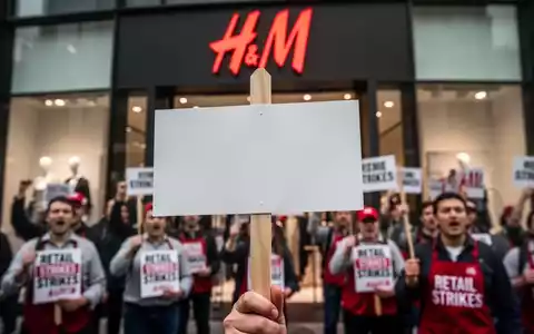 Ein unscharfes Bild von demonstrierenden Einzelhandelsmitarbeitern vor einem H&M-Geschäft, im Vordergrund ein Streikschild. - Foto: über boerse-global.de