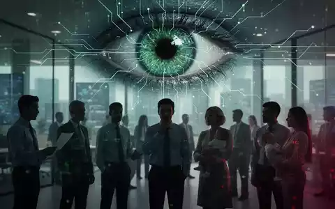 Ein stilisiertes, leuchtendes digitales Auge, das KI darstellt, beobachtet eine Gruppe von Menschen in einem Büro. Eine Person hält ein Dokument. - Foto: über boerse-global.de