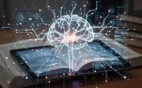 Eine stilisierte, leuchtende neuronale Netzwerkgrafik über einem offenen digitalen Lehrbuch, die personalisiertes Lernen und KI symbolisiert. - Foto: über boerse-global.de
