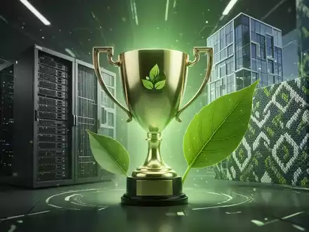 Ein stilisiertes, grün leuchtendes Trophäe, umgeben von abstrakten Darstellungen nachhaltiger Innovationen wie Server, Gebäude und Blätter. - Foto: über boerse-global.de
