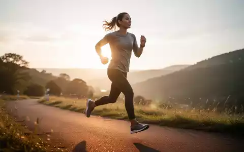 Eine Person in Sportkleidung lĂ€uft bei Sonnenaufgang auf einem malerischen Weg im Freien. Der Fokus liegt auf Bewegung und Wohlbefinden. - Foto: ĂŒber boerse-global.de