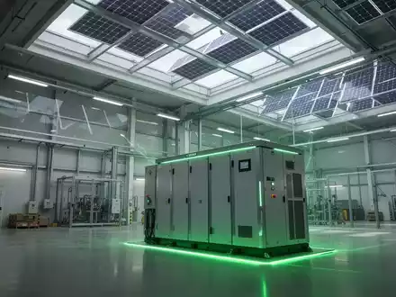 Ein modernes Fabrikinterieur mit Solarmodulen und einem Batteriespeichersystem, das Dekarbonisierung und grüne Energie darstellt. - Foto: über boerse-global.de