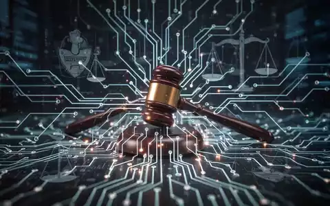 Ein stilisiertes, leuchtendes neuronales Netz, überlagert mit einem Richthammer und Waagschalen, symbolisiert KI in der Justiz. - Foto: über boerse-global.de