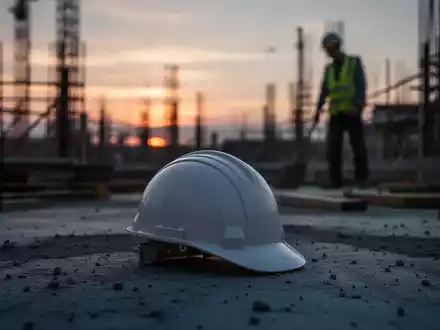 Ein einsamer Bauarbeiterhelm liegt auf dem Boden einer Baustelle bei Dämmerung, im Hintergrund eine unscharfe Arbeiterfigur. - Foto: über boerse-global.de