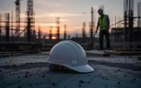 Ein einsamer Bauarbeiterhelm liegt auf dem Boden einer Baustelle bei Dämmerung, im Hintergrund eine unscharfe Arbeiterfigur. - Foto: über boerse-global.de