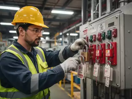 Ein Wartungstechniker in Schutzkleidung bringt ein Vorhängeschloss an einem Gruppen-Lockout-Tagout-Kasten in einer Fabrik an. - Foto: über boerse-global.de