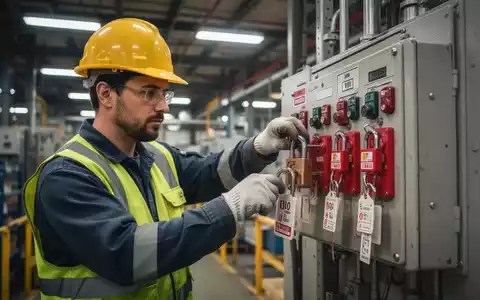 Ein Wartungstechniker in Schutzkleidung bringt ein Vorhängeschloss an einem Gruppen-Lockout-Tagout-Kasten in einer Fabrik an. - Foto: über boerse-global.de