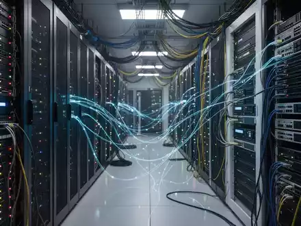 Moderner Serverraum mit neuen und generalüberholten Servern, blinkenden Lichtern und komplexer Verkabelung, Symbol für IT-Infrastruktur. - Foto: über boerse-global.de