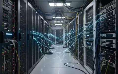 Moderner Serverraum mit neuen und generalüberholten Servern, blinkenden Lichtern und komplexer Verkabelung, Symbol für IT-Infrastruktur. - Foto: über boerse-global.de