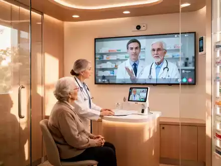 Eine Apothekerin assistiert einer älteren Patientin bei einer Videosprechstunde mit einem Arzt in einem modernen Telemedizin-Raum in einer Apotheke. - Foto: über boerse-global.de