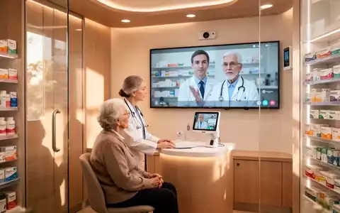 Eine Apothekerin assistiert einer älteren Patientin bei einer Videosprechstunde mit einem Arzt in einem modernen Telemedizin-Raum in einer Apotheke. - Foto: über boerse-global.de