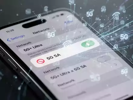 Nahaufnahme eines iPhone 13 Pro Max-Bildschirms mit Netzwerkeinstellungen, 5G-Standalone-Optionen nicht verfügbar, vor abstrakten Netzwerksignalen. - Foto: über boerse-global.de