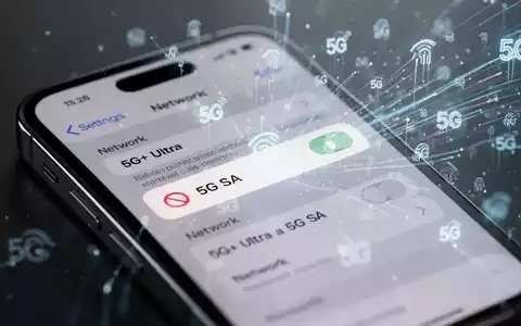 Nahaufnahme eines iPhone 13 Pro Max-Bildschirms mit Netzwerkeinstellungen, 5G-Standalone-Optionen nicht verfügbar, vor abstrakten Netzwerksignalen. - Foto: über boerse-global.de