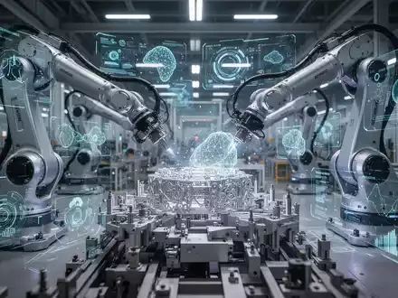 Robotikarme in einer Fabrik mit digitalen Schnittstellen, die fortschrittliche PLM-Software und KI in der Fertigung symbolisieren. - Foto: über boerse-global.de
