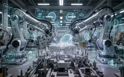 Robotikarme in einer Fabrik mit digitalen Schnittstellen, die fortschrittliche PLM-Software und KI in der Fertigung symbolisieren. - Foto: über boerse-global.de