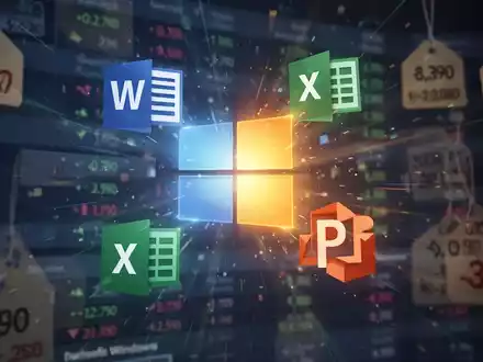 Stilisierte Microsoft Windows-Logos und Office-Suite-Icons (Word, Excel, PowerPoint) aus einem digitalen Marktplatz mit unscharfen Finanzdaten. - Foto: über boerse-global.de