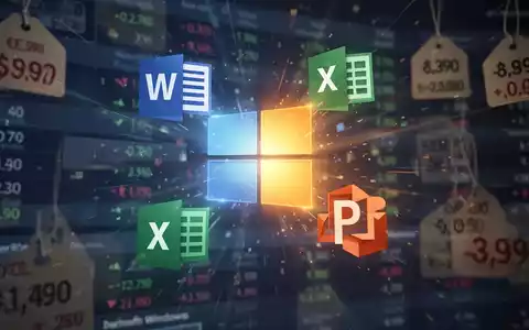 Stilisierte Microsoft Windows-Logos und Office-Suite-Icons (Word, Excel, PowerPoint) aus einem digitalen Marktplatz mit unscharfen Finanzdaten. - Foto: über boerse-global.de