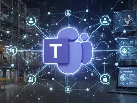 Leuchtendes Microsoft Teams-Logo in einem digitalen Netzwerk, Datenströme verbinden Architektur, Ingenieurwesen und Kundenservice. - Foto: über boerse-global.de