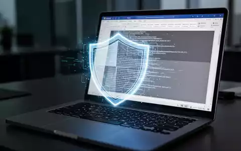 Nahaufnahme einer Laptop-Tastatur mit einem digitalen Sicherheitsschild-Symbol auf dem Bildschirm, das teilweise ein Word-Dokument verdeckt. - Foto: über boerse-global.de