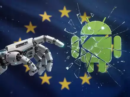 Roboterhand greift nach fragmentiertem Android-Logo, dezente EU-Flagge im Hintergrund, symbolisiert KI-Zugang und Regulierung. - Foto: über boerse-global.de