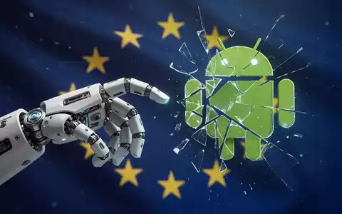 Roboterhand greift nach fragmentiertem Android-Logo, dezente EU-Flagge im Hintergrund, symbolisiert KI-Zugang und Regulierung. - Foto: über boerse-global.de