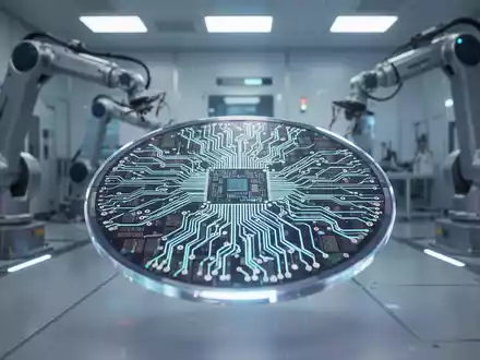 Nahaufnahme eines leuchtenden, fein gemusterten Halbleiterwafers in einem futuristischen Reinraum, mit Roboterarmen im Hintergrund. - Foto: über boerse-global.de