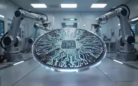 Nahaufnahme eines leuchtenden, fein gemusterten Halbleiterwafers in einem futuristischen Reinraum, mit Roboterarmen im Hintergrund. - Foto: über boerse-global.de